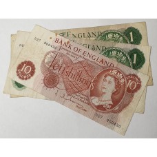 GREAT BRITAIN UK 1966/1970 . TEN 10  SHILLINGS  AND ONE 1 POUND BANKNOTES . 3 DIFFERENT SIGNATURES